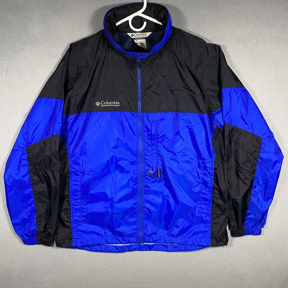 Columbia Windbreaker Jacket Mens Large Blue Black Packable Hooded RM2411